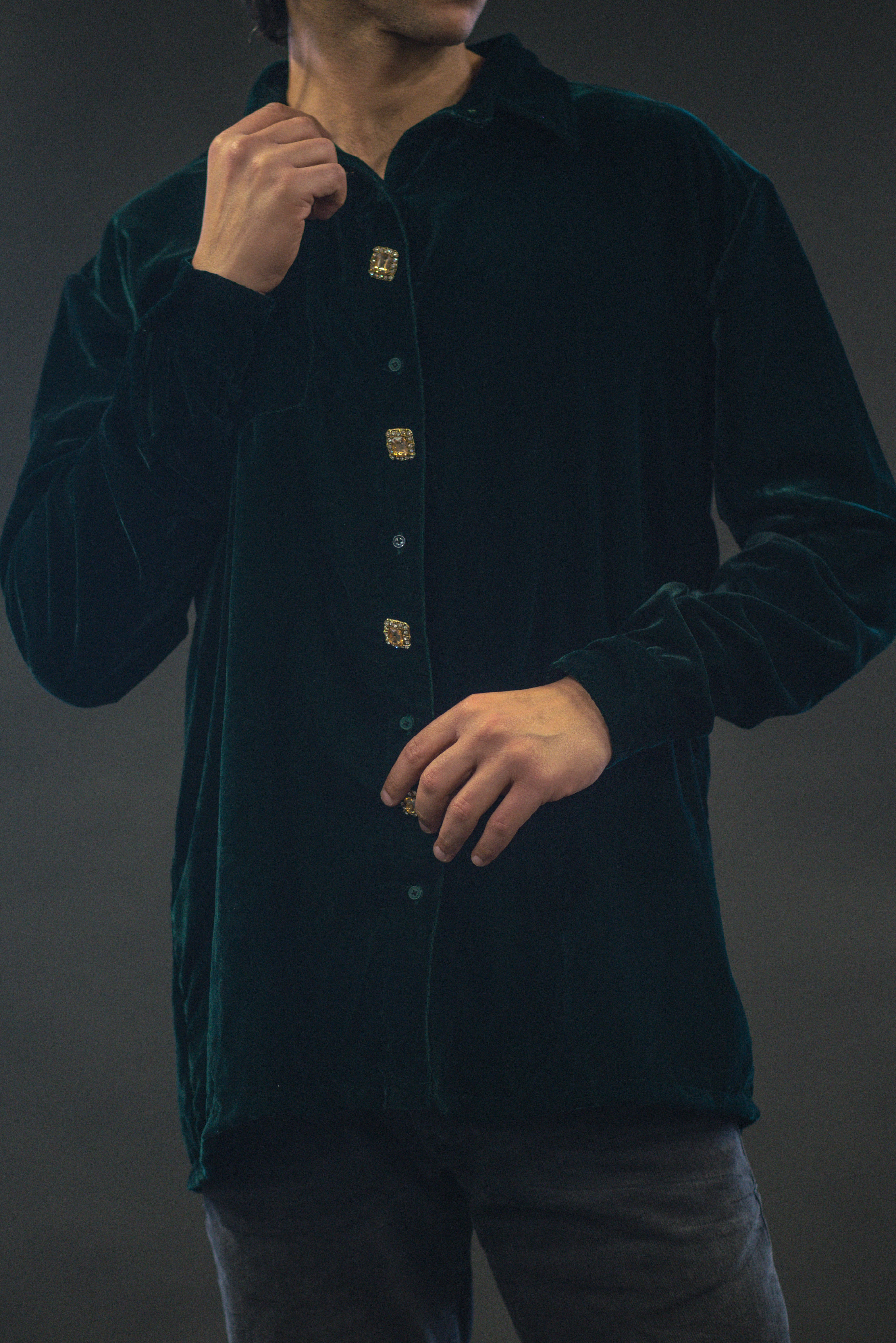 Dark Green Velvet Shirt - Men's