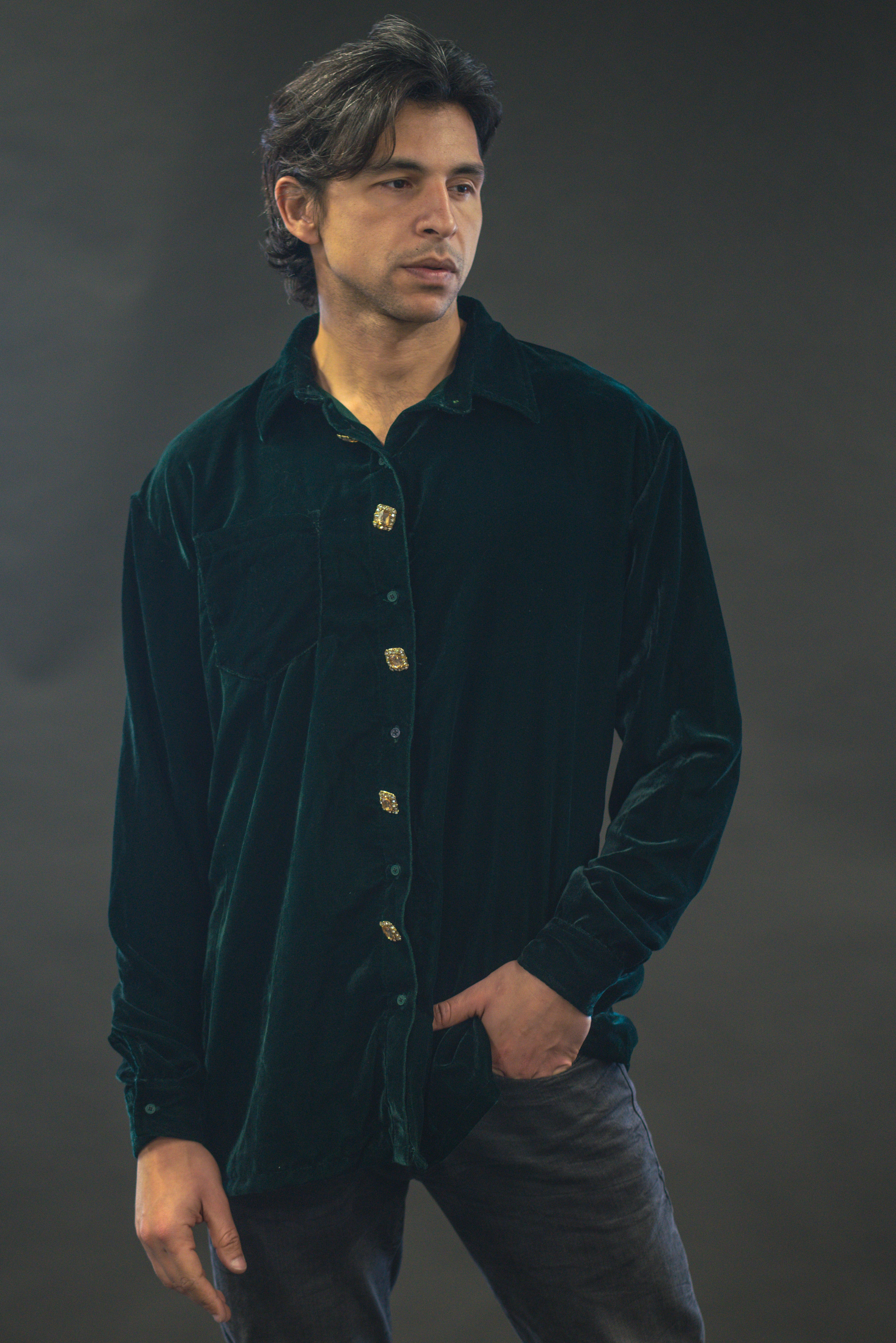 Dark Green Velvet Shirt - Men's